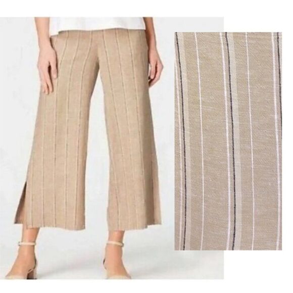 J. Jill Pants Size Large Crop Linen Blend Striped Tan Wide-Leg - Picture 1 of 13